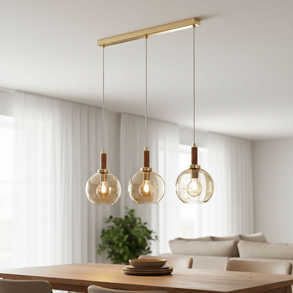 Lampa wisząca Hetty z trzema kloszami w kolorze złotym i drewnianymi detalami. Klosze mają kształt kulisty, zawieszone na cienkich przewodach. Widoczna elegancka aranżacja nad stołem z talerzami, w tle jasne zasłony i roślina.