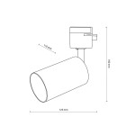 Reflektor spot Tracer 1xGU10 do szyny 1-fazowej w kolorze czarnym. Produkt ma cylindryczny kształt, wymiary 150 mm wysokości, 125 mm długości i 110 mm szerokości. Ujęcie z boku, pokazujące detal mocowania.