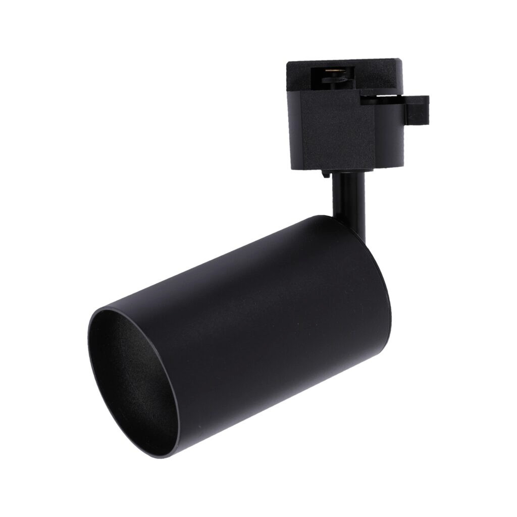 Reflektor spot Tracer 1xGU10 w kolorze czarnym, montowany na szynie 1-fazowej. Cylindryczna obudowa z matowym wykończeniem, z gniazdem na żarówkę GU10. Ujęcie z boku, pokazujące połączenie z szyną.