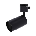 Reflektor spot Tracer 1xGU10 w kolorze czarnym, montowany na szynie 1-fazowej. Cylindryczna obudowa z matowym wykończeniem, z gniazdem na żarówkę GU10. Ujęcie z boku, pokazujące połączenie z szyną.