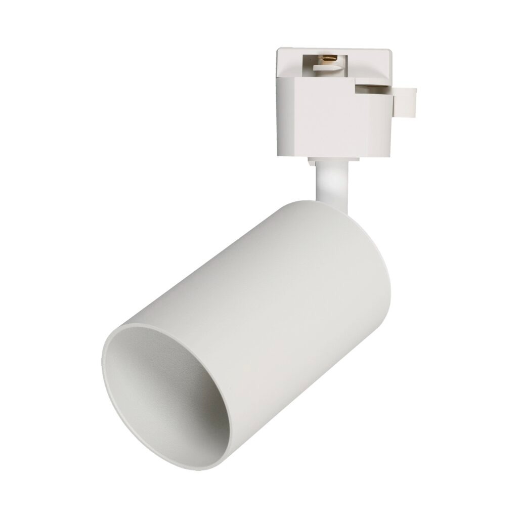 Reflektor spot 1xGU10 w kolorze białym, zamontowany na złączu do 1-fazowej szyny. Cylindryczny kształt z matowym wykończeniem, skierowany w dół, idealny do oświetlenia wnętrz.