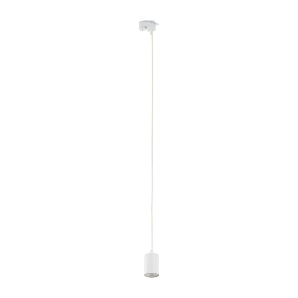 Lampa wisząca Tracer Top 1xGU10 do szyny 1-fazowej w kolorze białym, zawieszona na długim, cienkim przewodzie. Prosta, cylindryczna oprawa z miejscem na żarówkę, umieszczona na górze. Tło jasne, neutralne.