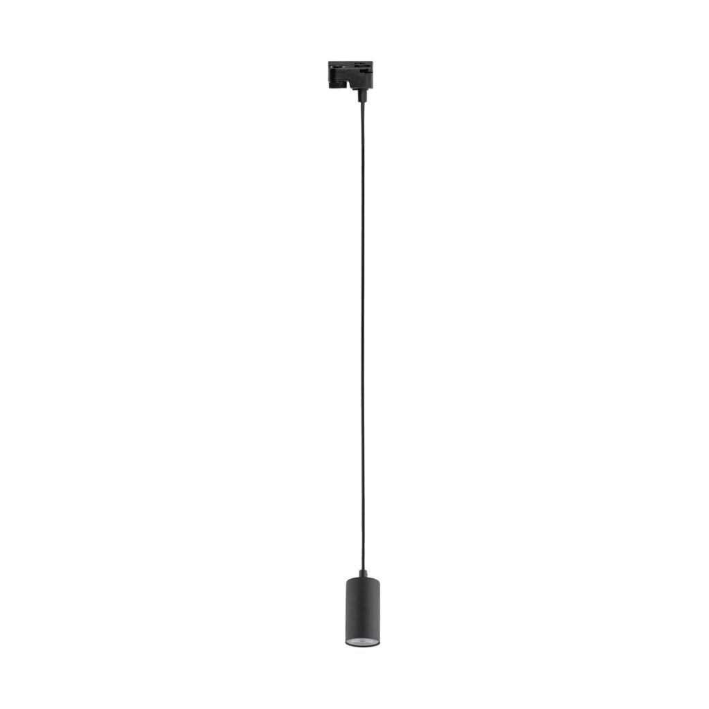 Lampa wisząca Tracer Top w kolorze czarnym, zawieszona na cienkim przewodzie, z oprawą na jedną żarówkę GU10. Prosta, cylindryczna konstrukcja z minimalistycznym designem, idealna do systemów szynowych.