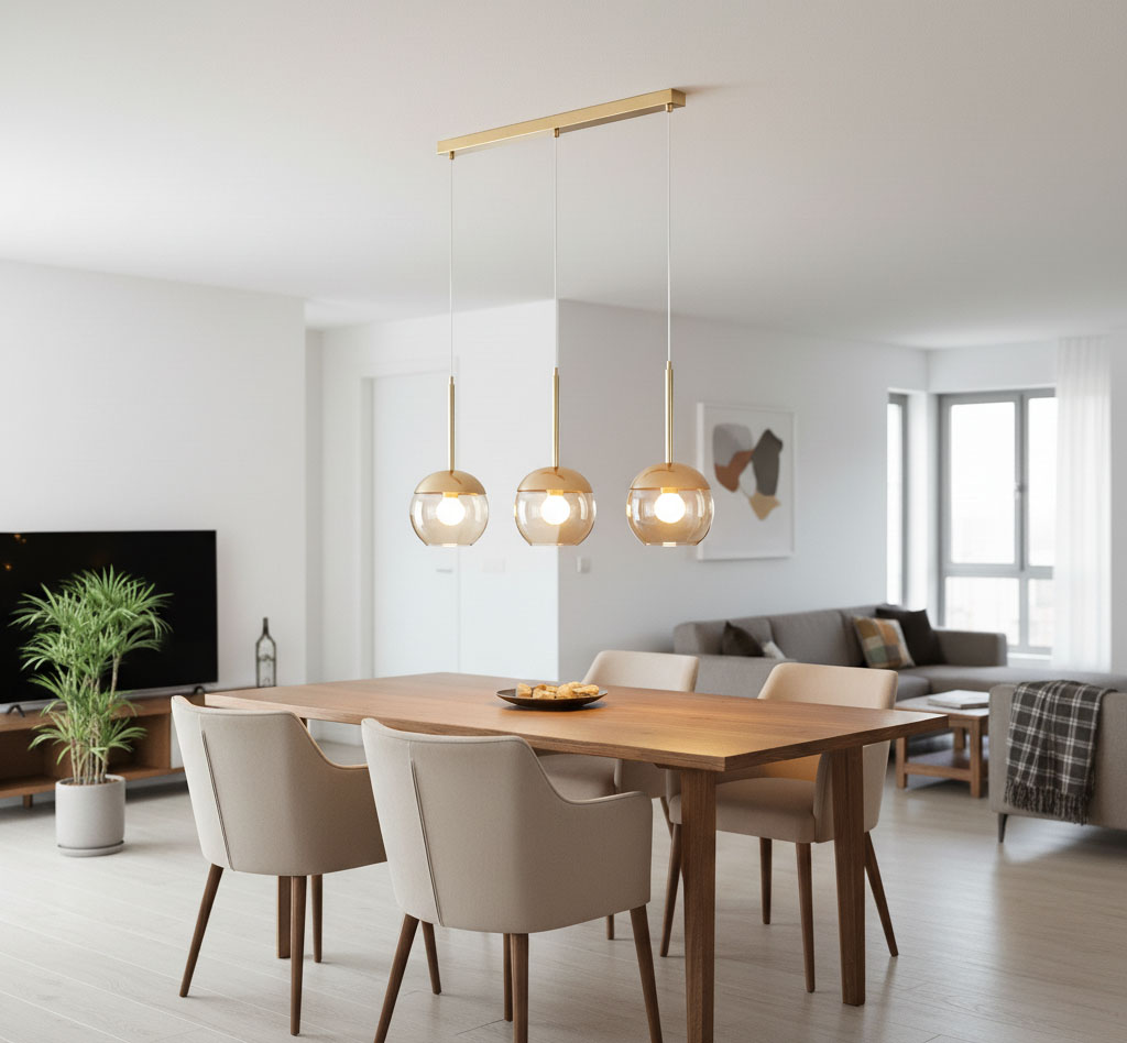 Złota lampa wisząca Volda z trzema szklanymi kloszami, zawieszona równolegle nad drewnianym stołem. Lampa ma minimalistyczny design, w tle widoczne są jasne ściany oraz meble w nowoczesnym wnętrzu.