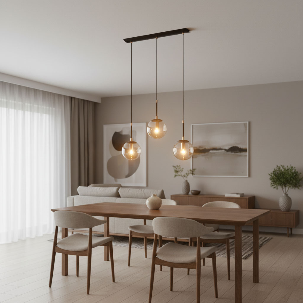 Lampa wisząca Sebia 3-punktowa 61063 z trzema szklanymi kloszami w złotych oprawach, zawieszona na prostokątnej podstawie. Ujęcie z dołu, w tle widoczny stół z drewnianymi krzesłami oraz kanapa, w jasnym wnętrzu z dużymi oknami.