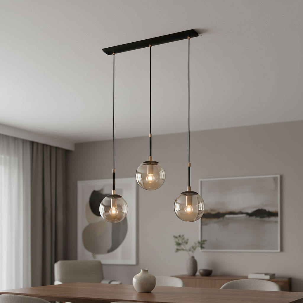 Lampa wisząca Sebia 3-punktowa z trzema szklanymi kloszami w kształcie kul, zawieszona na czarnych linkach. Elementy metalowe w kolorze złotym. Lampa umieszczona nad drewnianym stołem w nowoczesnym wnętrzu.