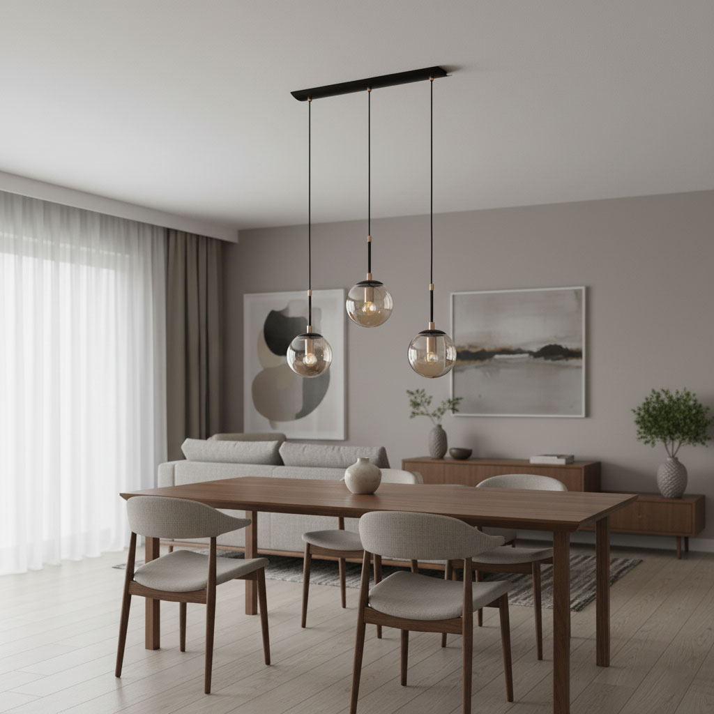 Lampa wisząca Sebia 3-punktowa z trzema szklanymi kloszami w kolorze brązowym, zawieszona na czarnym stelażu. Ujęcie z boku w nowoczesnym wnętrzu z drewnianym stołem i sofą, obok obrazy oraz rośliny dekoracyjne.
