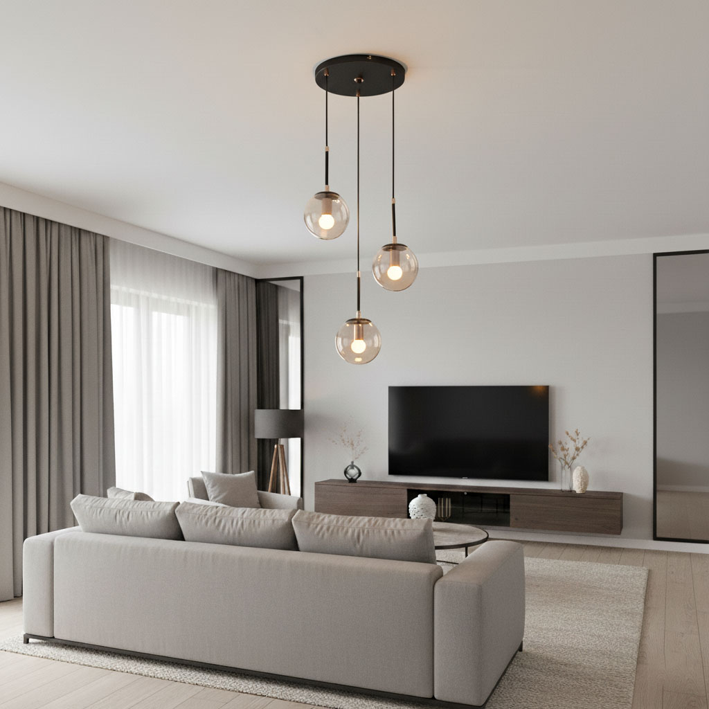 Lampa wisząca Sebia 3-punktowa z trzema szklanymi kloszami, umieszczona na okrągłej, czarnej podstawie. Klosze w różnych wysokościach emitują światło, zawieszone w nowoczesnym wnętrzu z szarymi zasłonami i telewizorem.