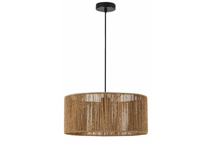 Lampa wisząca Tensa D40 z oprawą w kolorze czarnym i brązowym, z cylindrycznym kloszem z plecionki. Zawieszona na cienkim czarnym przewodzie, idealna do nowoczesnych wnętrz. Wymaga żarówki E27.