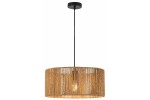 Lampa wisząca Tensa D40 z czarnym stelażem i brązowym abażurem, wykonana z plecionki. Okrągły kształt, zwisająca na cienkim przewodzie. Widoczne źródło światła E27 wewnątrz klosza. Prosta aranżacja na jednolitym tle.