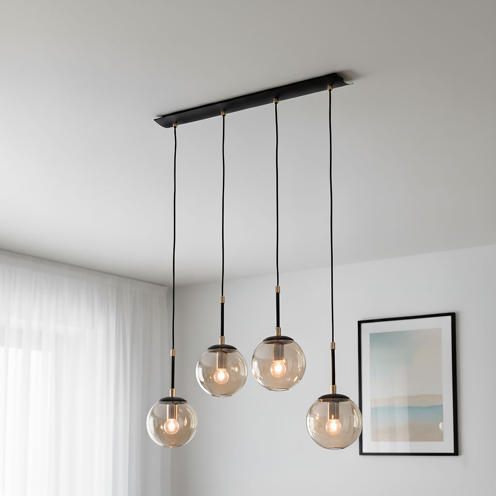 Lampa wisząca Sebia 4-punktowa z czterema przezroczystymi kloszami w kształcie kul, zawieszona na czarnych kablach. Elementy metalowe w kolorze złotym, zamontowana na prostokątnej podstawie. Tło jasne, minimalistyczne wnętrze.