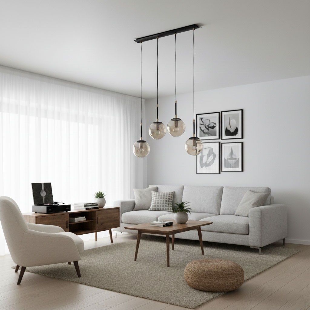 Lampa wisząca Sebia 4-punktowa z czarnym stelażem i czterema okrągłymi, przezroczystymi kloszami. Zawieszona w pokoju dziennym nad drewnianym stołem, z jasnym tłem i nowoczesnym wystrojem.