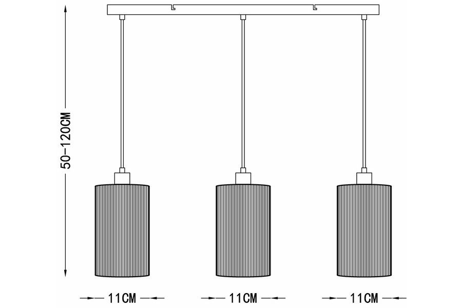 Lampa wisząca Tensa 3xE27 w kolorze czarnym i brązowym, z trzema cylindrycznymi kloszami o średnicy 11 cm, zawieszonymi na regulowanych linkach o długości 50-120 cm. Prosta, minimalistyczna konstrukcja.