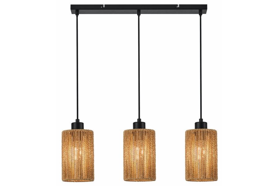 Lampa wisząca Tensa 3xE27 w kolorze czarnym i brązowym, z trzema okrągłymi kloszami z plecionki. Zawieszona na prostokątnej, czarnej podstawie z trzema długimi linkami. Klosze emitują ciepłe światło, tworząc przytulną atmosferę.