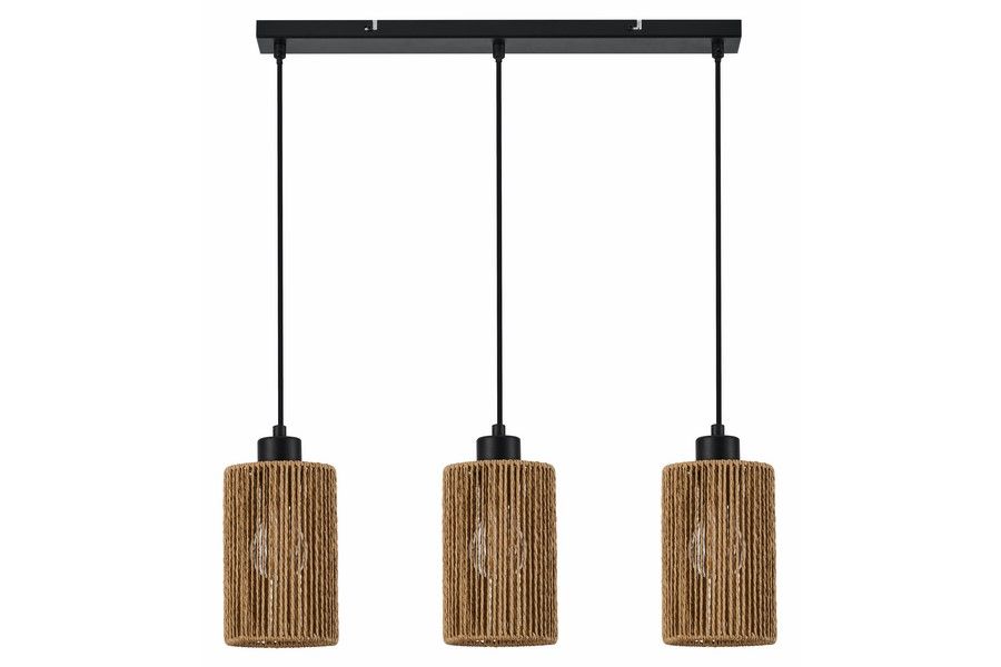 Lampa wisząca Tensa 3xE27 w kolorze czarnym i brązowym, z trzema cylindrycznymi kloszami o teksturowanej powierzchni. Klosze zawieszone na cienkich, czarnych przewodach, montowane do prostokątnej podsufitki. Idealna do nowoczesnych wnętrz.