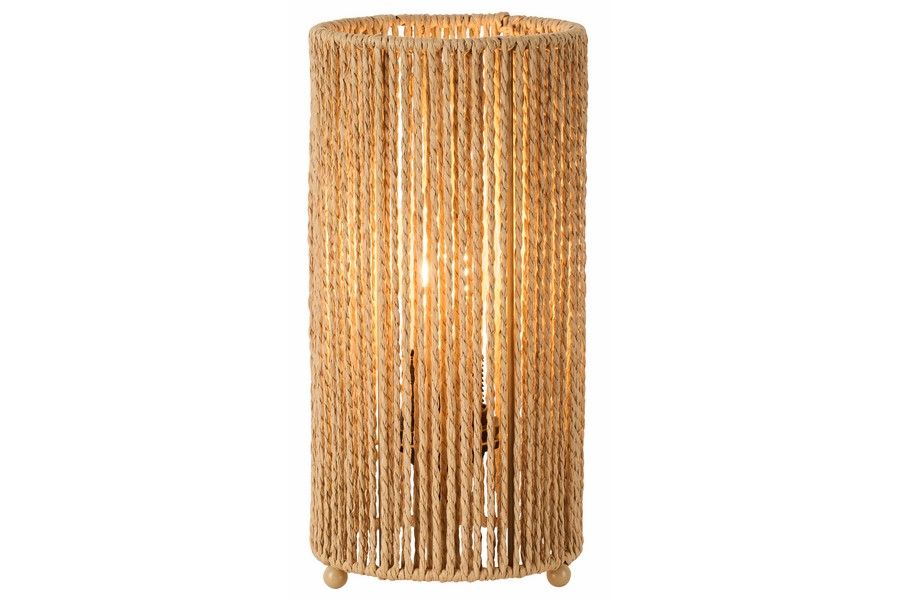 Lampa stołowa Tensa 1xE27 w kolorze czarnym i brązowym, z cylindrycznym kloszem z plecionki. Stojąca, z widoczną żarówką wewnątrz, na okrągłych nóżkach. Naturalny wygląd, idealna do różnych aranżacji wnętrz.
