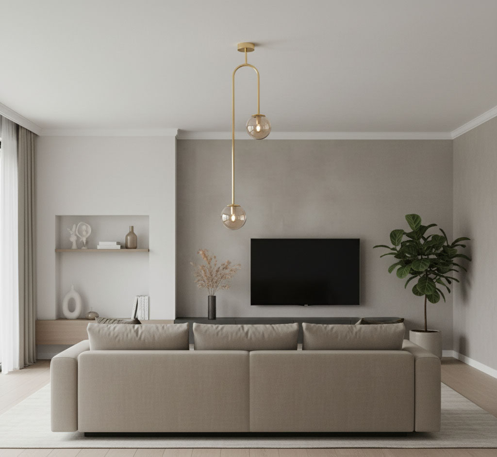 Lampa wisząca Vector 2xE14 w kolorze złotym z bursztynowymi kloszami, zawieszona na długim ramieniu. Produkt umieszczony w nowoczesnym wnętrzu z szarymi ścianami i zielonymi roślinami, odpowiedni do salonu.