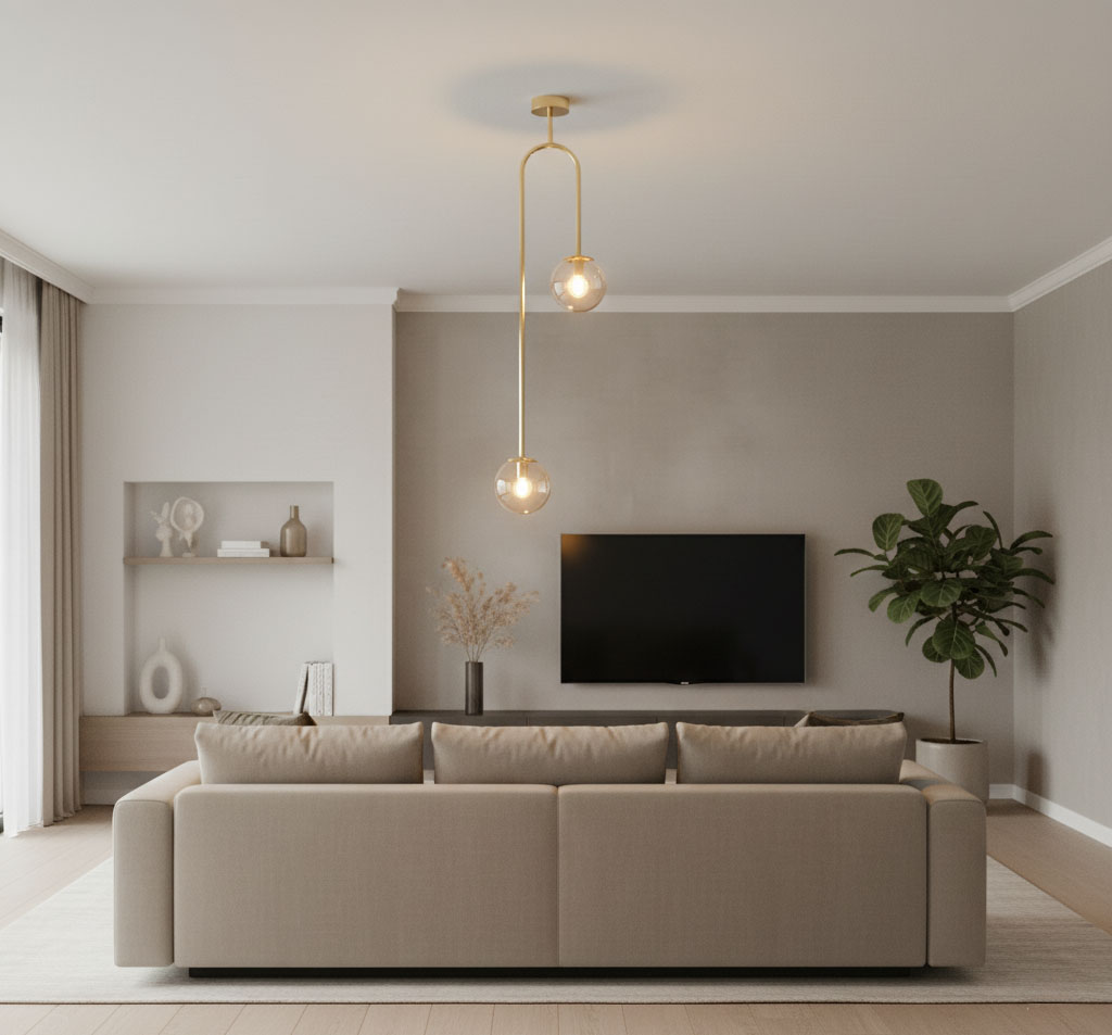 Lampa wisząca Vector 2xE14 w kolorze złotym z bursztynowymi kloszami, zawieszona w nowoczesnym wnętrzu nad beżową sofą. Klosze mają okrągły kształt, a lampa jest zamontowana na suficie w minimalistycznym stylu.