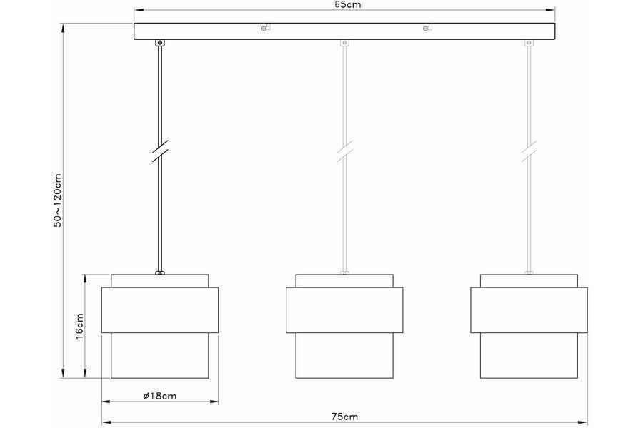 Lampa wisząca Quan z trzema oprawami E27 w kolorze chromu. Wymiary: szerokość 65 cm, długość 75 cm, wysokość regulowana od 50 do 120 cm. Klasyczny, prosty design z cylindrycznymi kloszami o średnicy 18 cm i wysokości 16 cm.