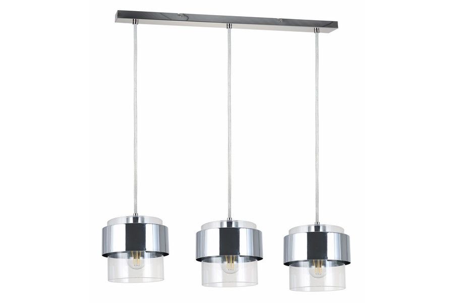 Lampa wisząca Quan 3xE27 w chromowanym wykończeniu. Posiada trzy okrągłe klosze z przezroczystego szkła i metalowe elementy. Zawieszona na prostokątnej podstawie, na długich kablach. Idealna do nowoczesnych wnętrz.