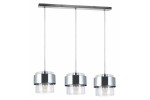 Lampa wisząca Quan 3xE27 w chromowanym wykończeniu. Posiada trzy okrągłe klosze z przezroczystego szkła i metalowe elementy. Zawieszona na prostokątnej podstawie, na długich kablach. Idealna do nowoczesnych wnętrz.