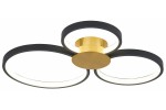Lampa sufitowa LED Condida 24W CCT w kolorze złotym i czarnym. Posiada trzy okrągłe klosze z białym światłem, zamontowane na centralnym złotym elemencie. Ujęcie z dołu, ukazujące elegancki design i nowoczesny styl.