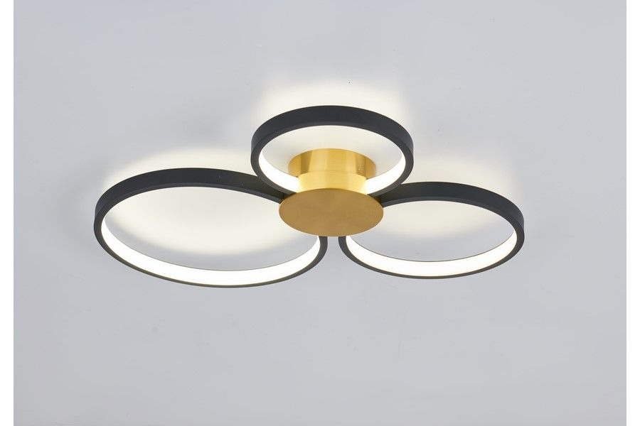 Lampa sufitowa LED 24W CCT w kolorze złotym i czarnym, z trzema okrągłymi pierścieniami emitującymi światło. Centralna część w złotym odcieniu, z czarnymi ramkami. Produkt zamontowany w pozycji poziomej, na prostym tle.