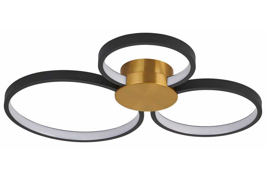 Lampa sufitowa LED 24W CCT w kolorze złotym i czarnym z trzema okrągłymi ramionami. Centralny element w kolorze złotym, z białymi oprawami. Ujęcie z dołu, pokazujące kształt i detale konstrukcji.