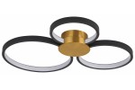 Lampa sufitowa LED 24W CCT w kolorze złotym i czarnym z trzema okrągłymi ramionami. Centralny element w kolorze złotym, z białymi oprawami. Ujęcie z dołu, pokazujące kształt i detale konstrukcji.