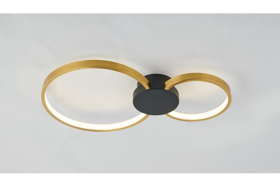Lampa sufitowa LED 20W CCT w kolorze czarnym i złotym, z dwoma okrągłymi pierścieniami emitującymi światło. Produkt zamontowany na suficie, z centralnym czarnym mocowaniem. Wymiary i detale konstrukcyjne nie są widoczne.