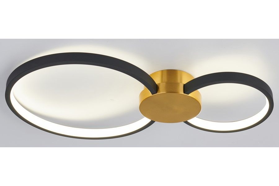 Lampa sufitowa LED 20W CCT w kolorze złotym i czarnym, z okrągłym, centralnym mocowaniem. Dwa czarne pierścienie otaczają białe źródło światła, zamontowana na gładkim tle. Produkt o nowoczesnym designie, idealny do różnych wnętrz.