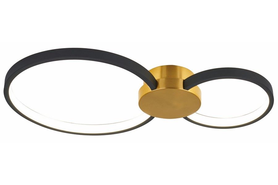 Lampa sufitowa LED Condida 20W CCT w kolorze złotym i czarnym, z dwiema okrągłymi oprawami. Kształt minimalistyczny, z metalowym mocowaniem w kolorze złotym i czarnym obrzeżem. Zawieszenie sufitowe, z równomiernym źródłem światła.