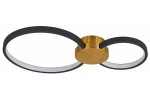 Lampa sufitowa LED Condida 20W CCT w kolorze złotym i czarnym, z dwoma okrągłymi ramionami. Korpus z metalowym wykończeniem w kolorze złotym, czarne obrzeża z białym źródłem światła. Ujęcie z dołu, ukazujące nowoczesny design.