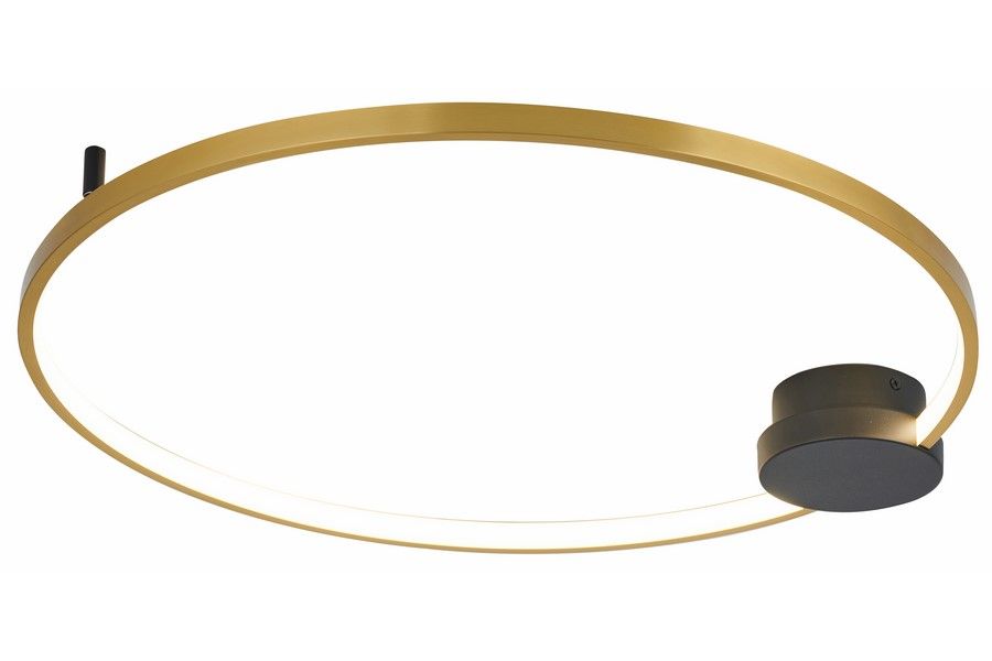 Lampa sufitowa Condida D60 LED 24W CCT w kolorze czarnym i złotym, o okrągłym kształcie. Wykonana z metalu, z zamontowanym źródłem światła w centralnej części, w stylu nowoczesnym. Ujęcie z boku, na białym tle.