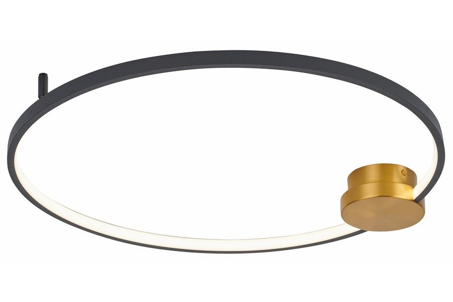Lampa sufitowa LED Condida D60 24W CCT w kolorze złotym i czarnym, w formie okrągłej. Zawiera centralny element w kolorze złota i matową oprawę. Ujęcie z góry, wisi na suficie, na białym tle.