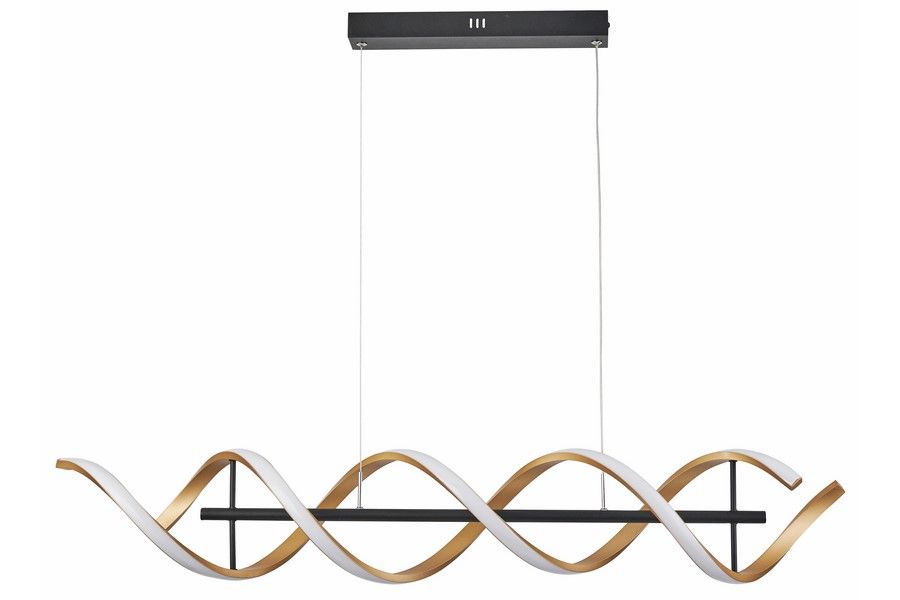 Lampa wisząca LED Abrax 40W CCT w kolorze czarnym i złotym, o falistym kształcie z białymi i złotymi elementami. Zawieszona na cienkim przewodzie, z prostokątnym mocowaniem sufitowym w kolorze czarnym.
