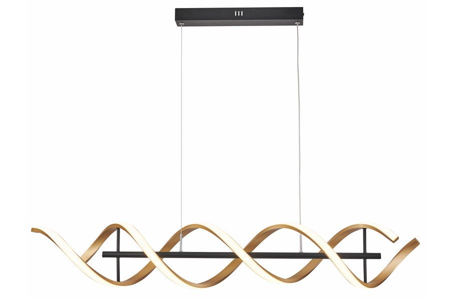Lampa wisząca LED Abrax 40W CCT w kolorze czarnym i złotym, z falistym, metalowym kloszem. Ujęcie frontalne, zawieszona na cienkich linkach. Elementy czarne i złote kontrastują ze sobą, nadając nowoczesny wygląd.