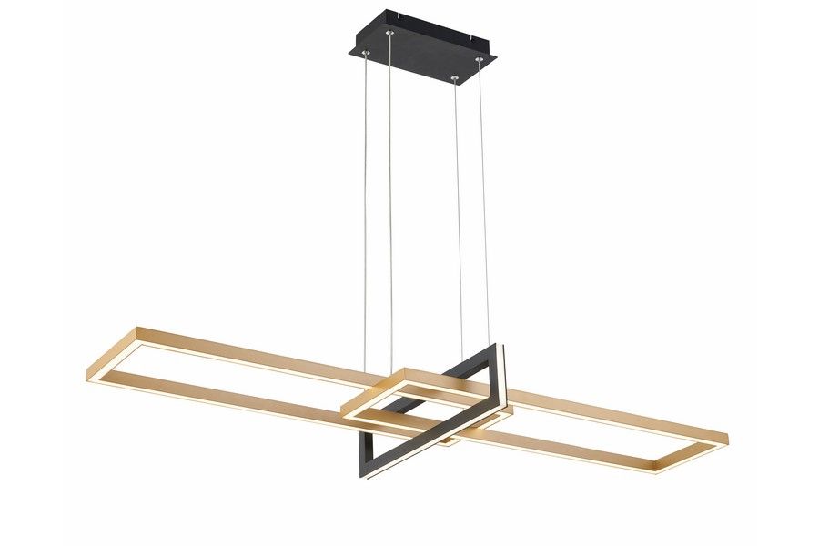 Lampa wisząca LED Aspen 40W CCT w kolorze czarnym i złotym. Składa się z dwóch prostokątnych ram o cienkich krawędziach, zawieszonych na cienkich linkach. Ujęcie z przodu, z zamontowanym stropem. Idealna do nowoczesnych wnętrz.
