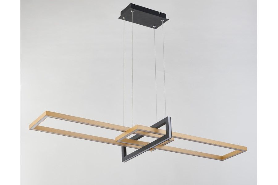 Lampa wisząca LED Aspen 40W CCT w kolorze czarnym i złotym, złożona z dwóch prostokątnych ram, zawieszona na cienkich linach. Montaż na suficie. Prosta forma i nowoczesny design. Tło jasne, minimalistyczne.