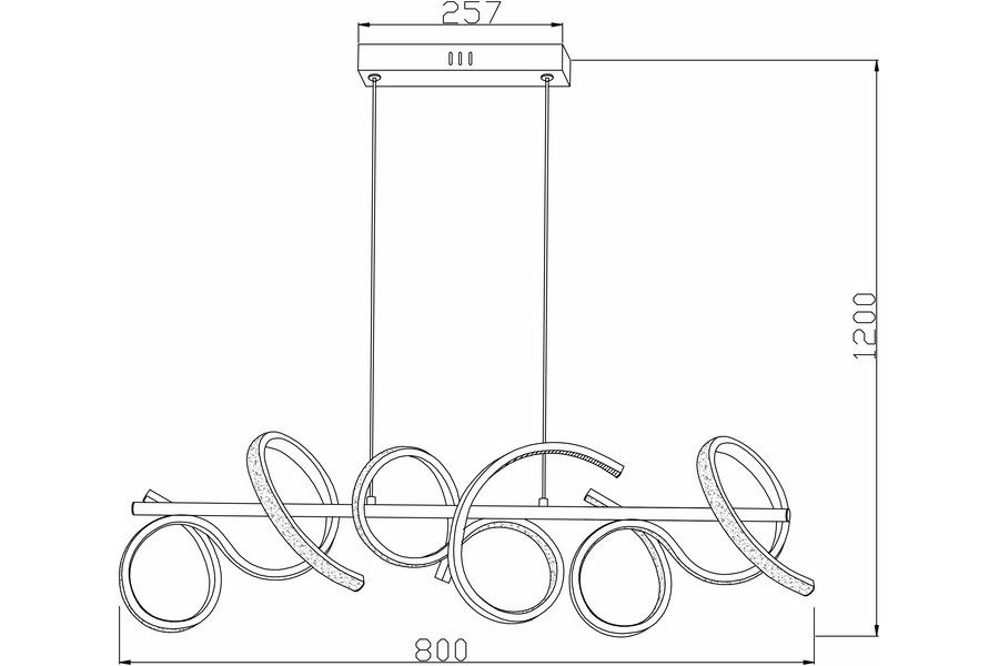 Lampa wisząca LED Lozanna 30W CCT w kolorze czarnym, złożona z podwieszanej konstrukcji z prostokątnym stelażem i okrągłymi, falistymi elementami. Wymiary: 800 mm szerokości, 1200 mm długości. Ujęcie frontalne.