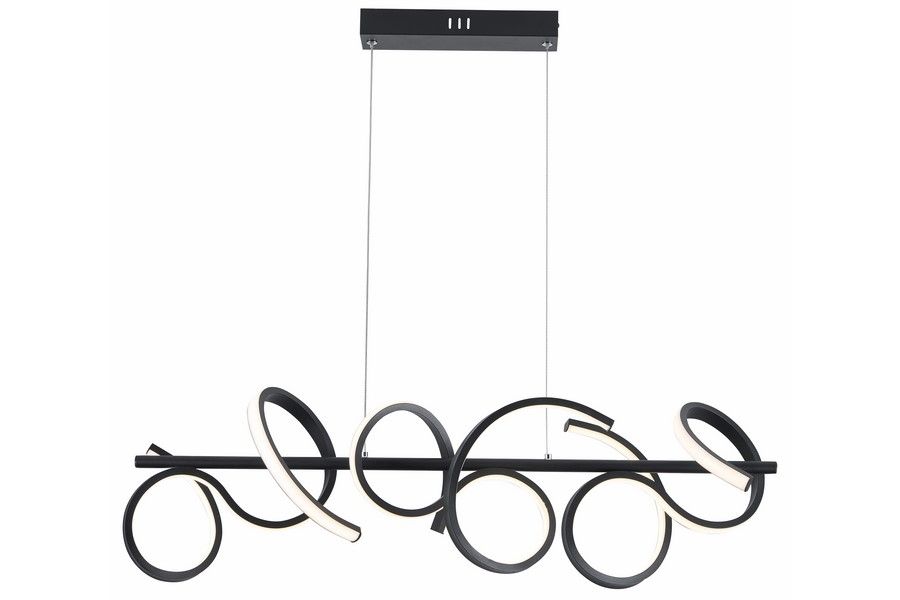 Lampa wisząca LED Lozanna 30W CCT w kolorze czarnym, z unikalnym designem składającym się z falistych, okrągłych kształtów i białymi elementami świetlnymi. Zawieszona na cienkich linkach, montowana do sufitu.