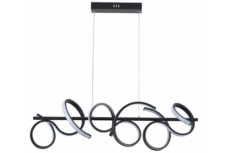 Lampa wisząca LED Lozanna 30W CCT w kolorze czarnym. Posiada unikalny kształt z wijącymi się elementami. Ujęcie frontalne, produkt zawieszony na cienkich linkach, z metalowym mocowaniem. Idealna do nowoczesnych wnętrz.