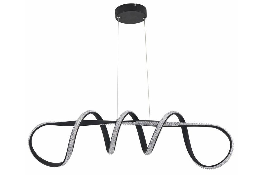 Lampa wisząca LED Vesper 40W CCT w kolorze czarnym, o nowoczesnym, falistym kształcie. Zawieszona na cienkim przewodzie, z dekoracyjnymi diodami LED wzdłuż krawędzi. Całość montowana do sufitu, z minimalistycznym, okrągłym mocowaniem.