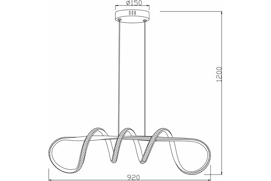 Lampa wisząca LED Vesper 40W CCT w kolorze czarnym, o nowoczesnym kształcie z falującymi liniami. Ujęcie frontalne, długość 1200 mm, szerokość 920 mm, średnica mocowania 150 mm. Idealna do nowoczesnych wnętrz.
