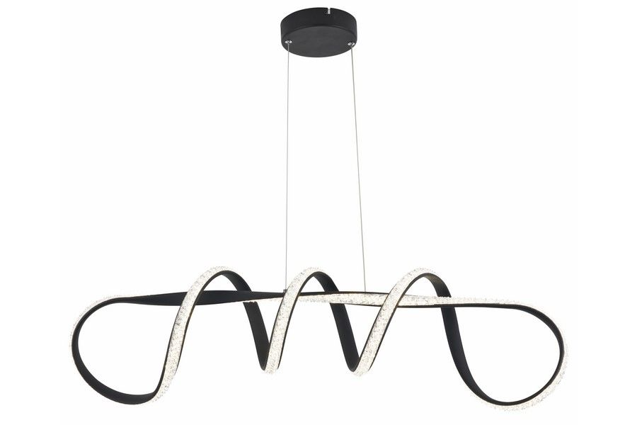 Lampa wisząca LED Vesper 40W CCT w kolorze czarnym, o nowoczesnym kształcie z falującymi elementami. Wykończenie z przezroczystymi detalami, zawieszona na cienkich metalowych linkach z okrągłym mocowaniem sufitowym.