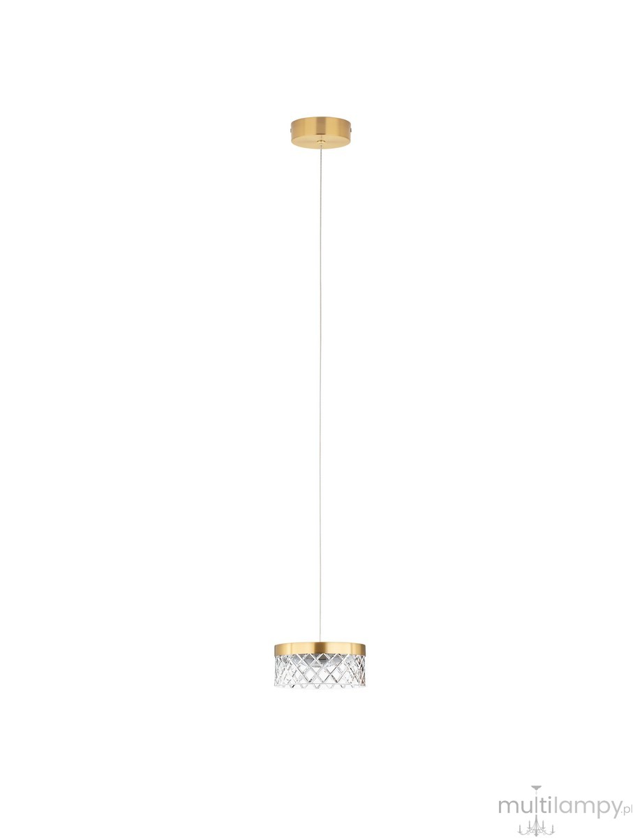 Lampa wisząca Mineros z jedną diodą LED 6W, z metalowym złotym stelażem i kryształowym kloszem o wzorze rombów. Zawieszona na cienkim kablu, w minimalistycznym stylu, idealna do nowoczesnych wnętrz.