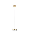 Lampa wisząca Mineros z jedną diodą LED 6W, z metalowym złotym stelażem i kryształowym kloszem o wzorze rombów. Zawieszona na cienkim kablu, w minimalistycznym stylu, idealna do nowoczesnych wnętrz.