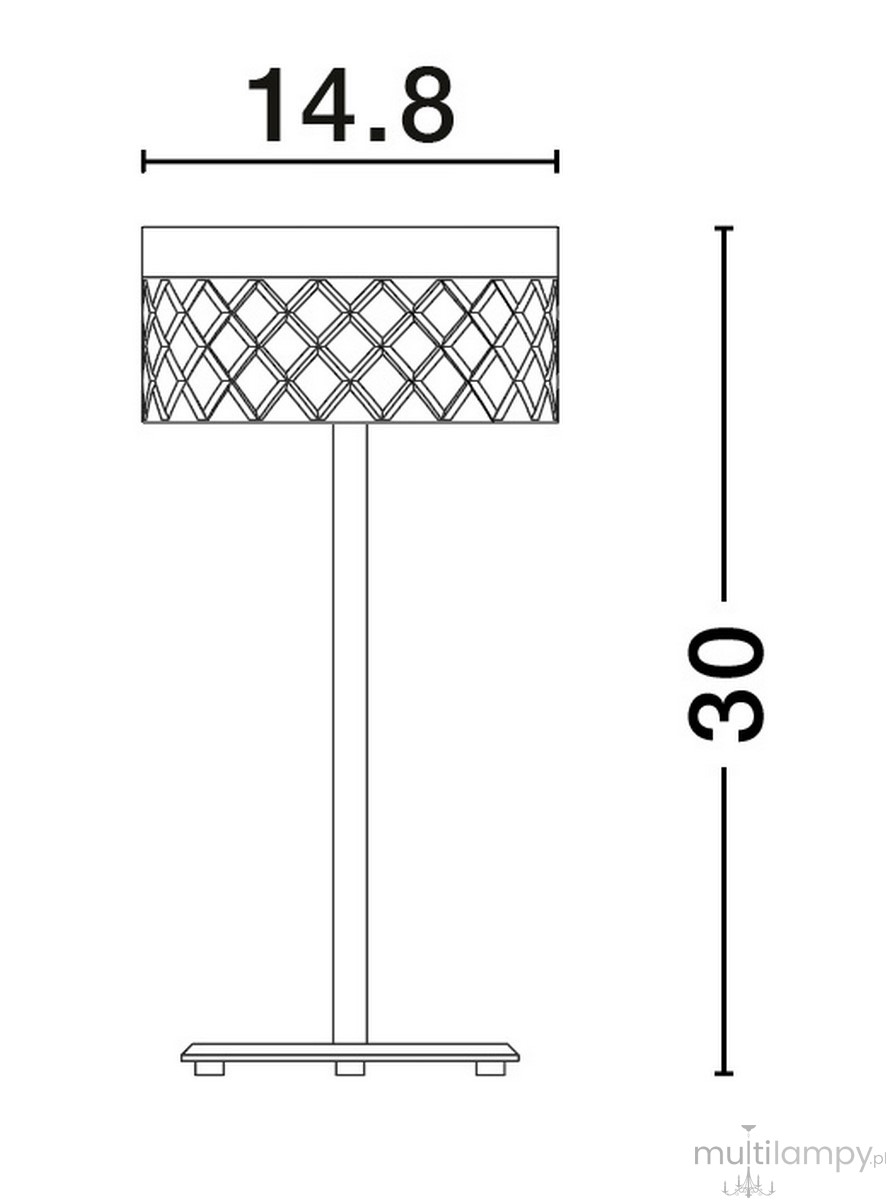 Lampa stołowa Mineros z jedną żarówką LED 6W, złota. Kształt cylindryczny z ozdobnym kloszem w romby, wysokość 30 cm, średnica 14,8 cm. Stojąca na płaskiej podstawie, minimalistyczny design.