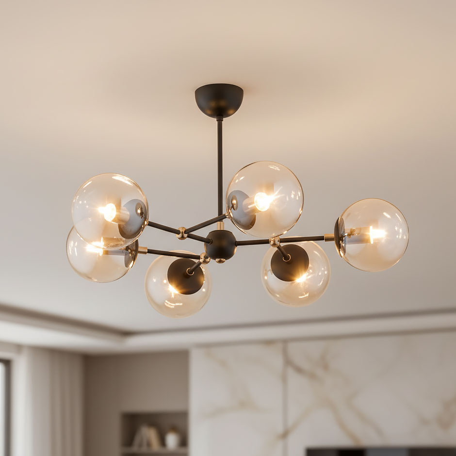 Lampa wisząca Itoris 6-punktowa 60818 z sześcioma przezroczystymi kloszami, metalową konstrukcją w kolorze czarnym. Ujęcie z dołu, montowana sufitowo, idealna do nowoczesnych wnętrz. Tło jasne, minimalistyczne.