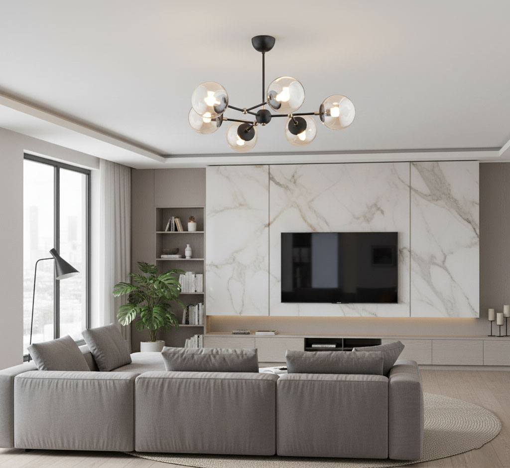 Lampa wisząca Itoris 6-punktowa 60818 w czarnej metalowej konstrukcji z przezroczystymi kloszami, zawieszona na suficie. Widoczna w nowoczesnym salonie z szarym narożnikiem, telewizorem i rośliną w tle.